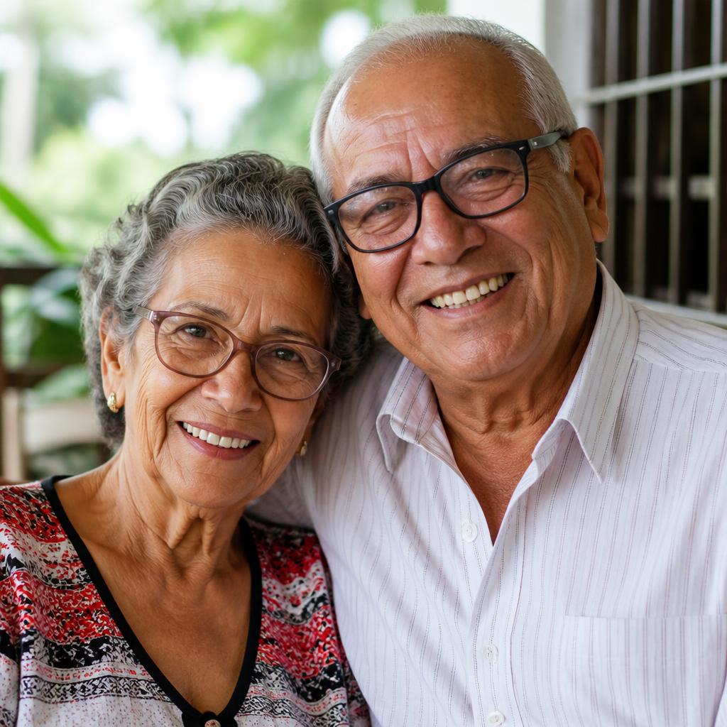 Casal de idosos sorrindo, envelhecimento saudável